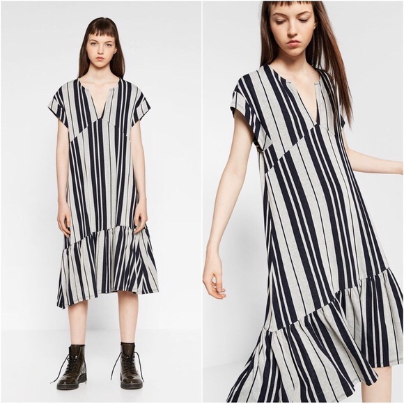 Zara Dresses & Skirts - Zara TRF Asymmetrical Navy & Gray Striped Flounce